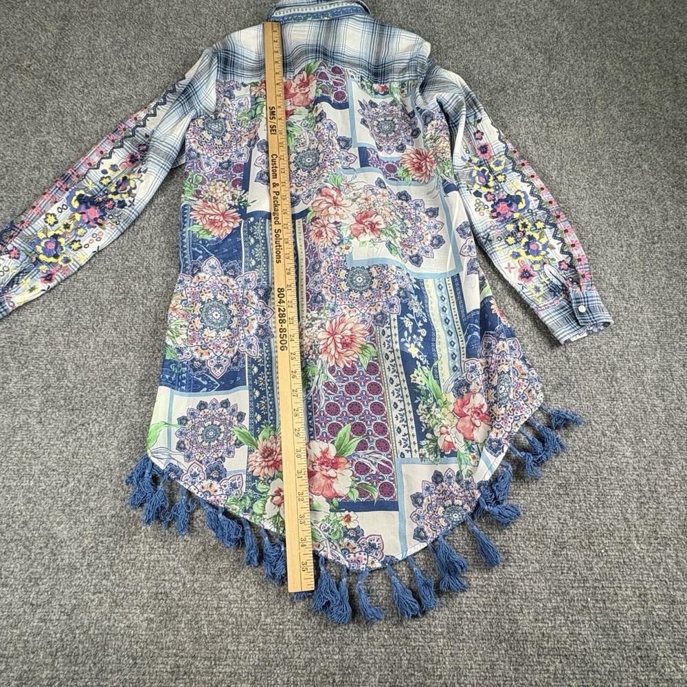Andree by Unit Boho Tunic Top M Blue Plaid‎ Floral Embroidered Patchwork Tassels - Picture 11 of 14